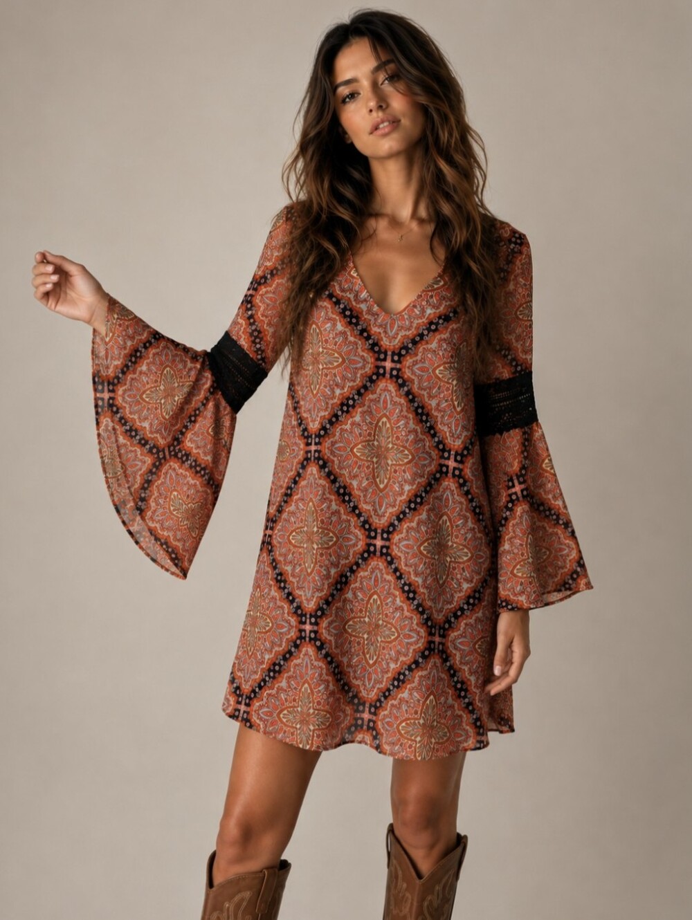 Paper Crane Boho Festival Bell Sleeves Print Orange Black Mini Dress Size XS